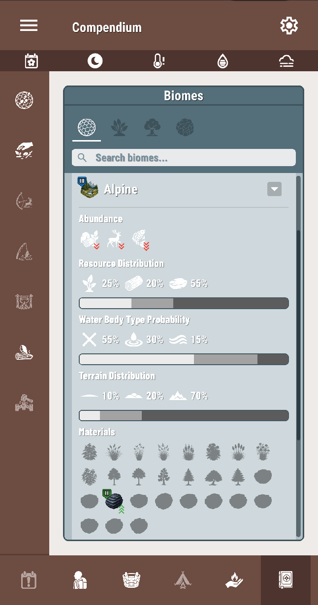 Compendium screen showing collected information and discoveries in Enduring Wilderness