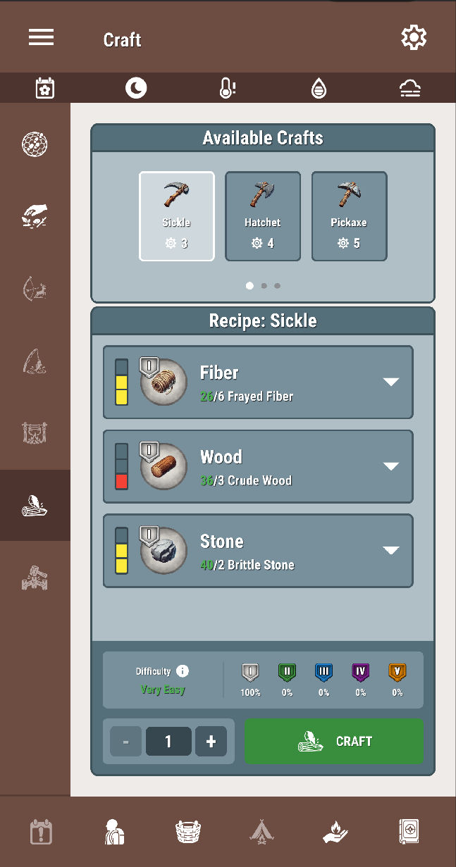 Craft screen showing item creation and crafting options in Enduring Wilderness