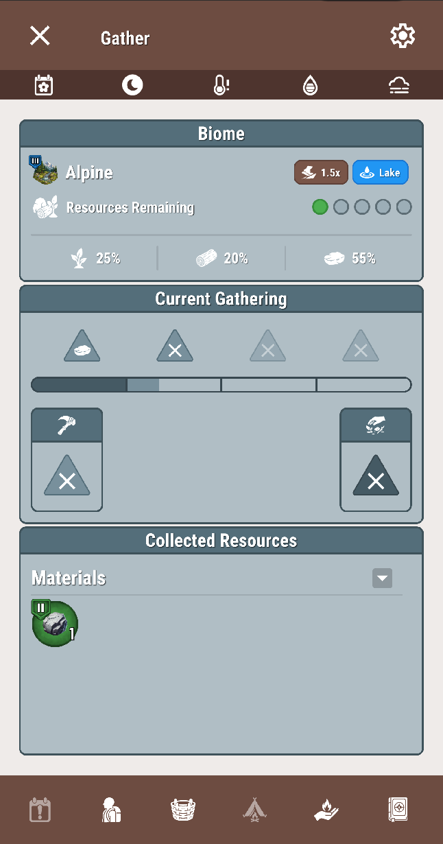 Gather screen showing resource collection in Enduring Wilderness