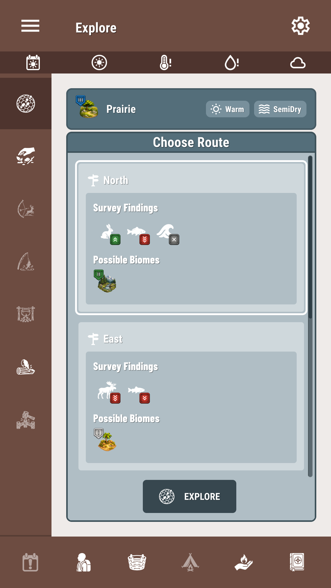 Route Select screen showing available exploration directions in Enduring Wilderness