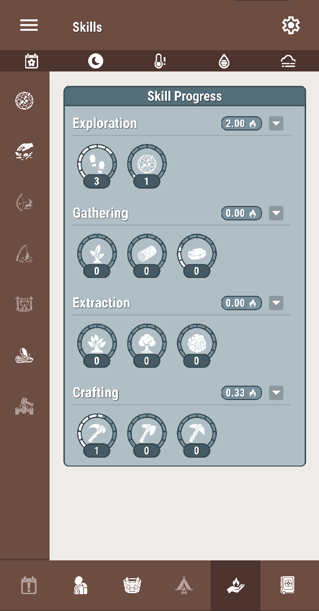 Skills screen showing character progression in Enduring Wilderness