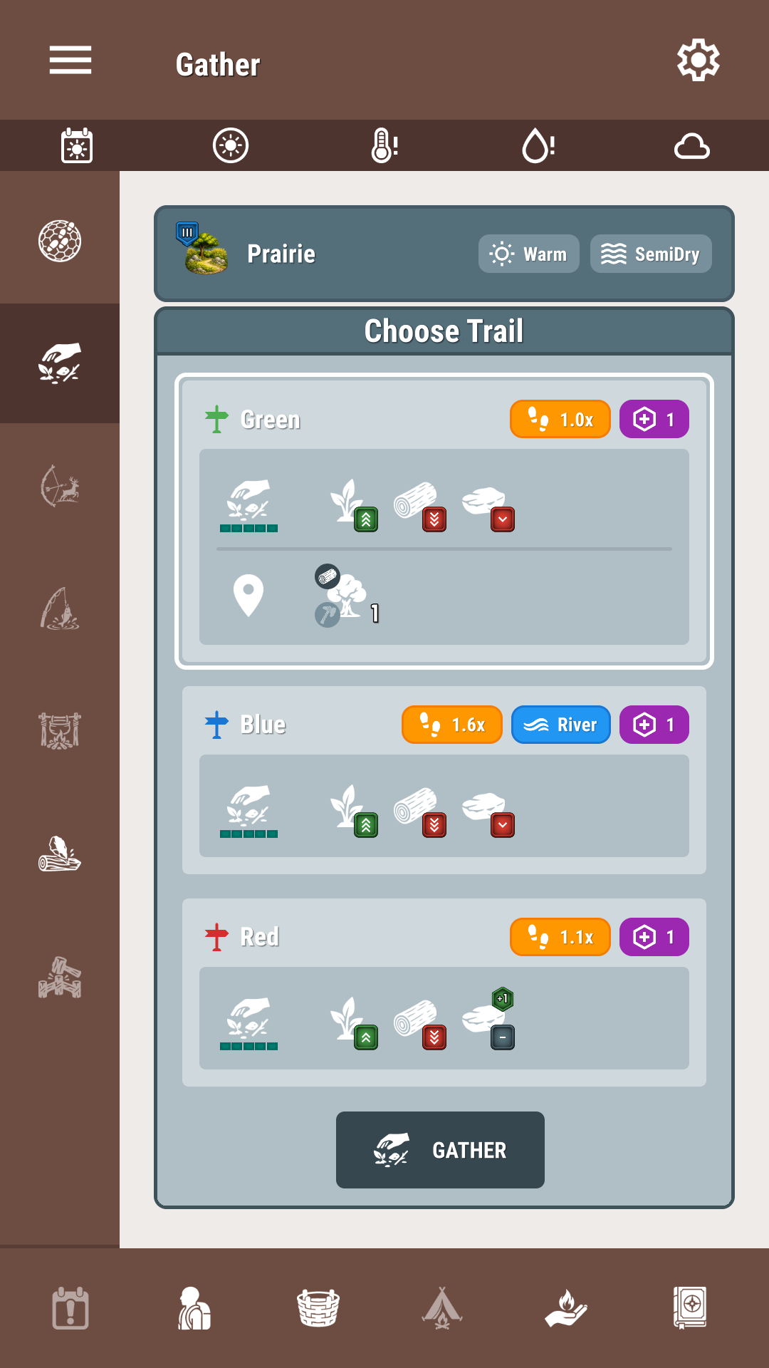 Trail Select screen showing available gathering trails in Enduring Wilderness